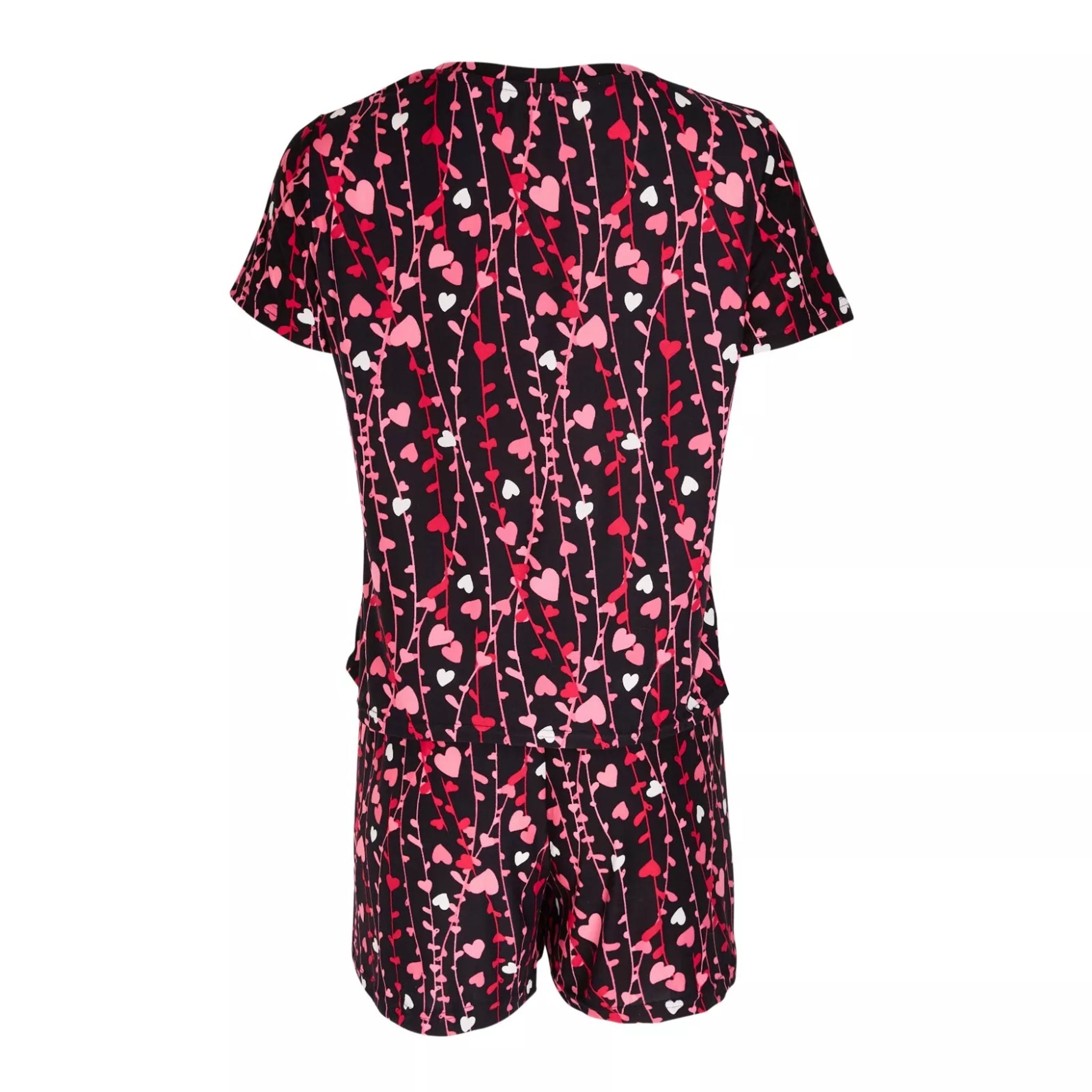 Ladies short sleeve love heart print nightwear set β black and pink women's pyjamas with matching shorts β soft and lightweight sleepwear